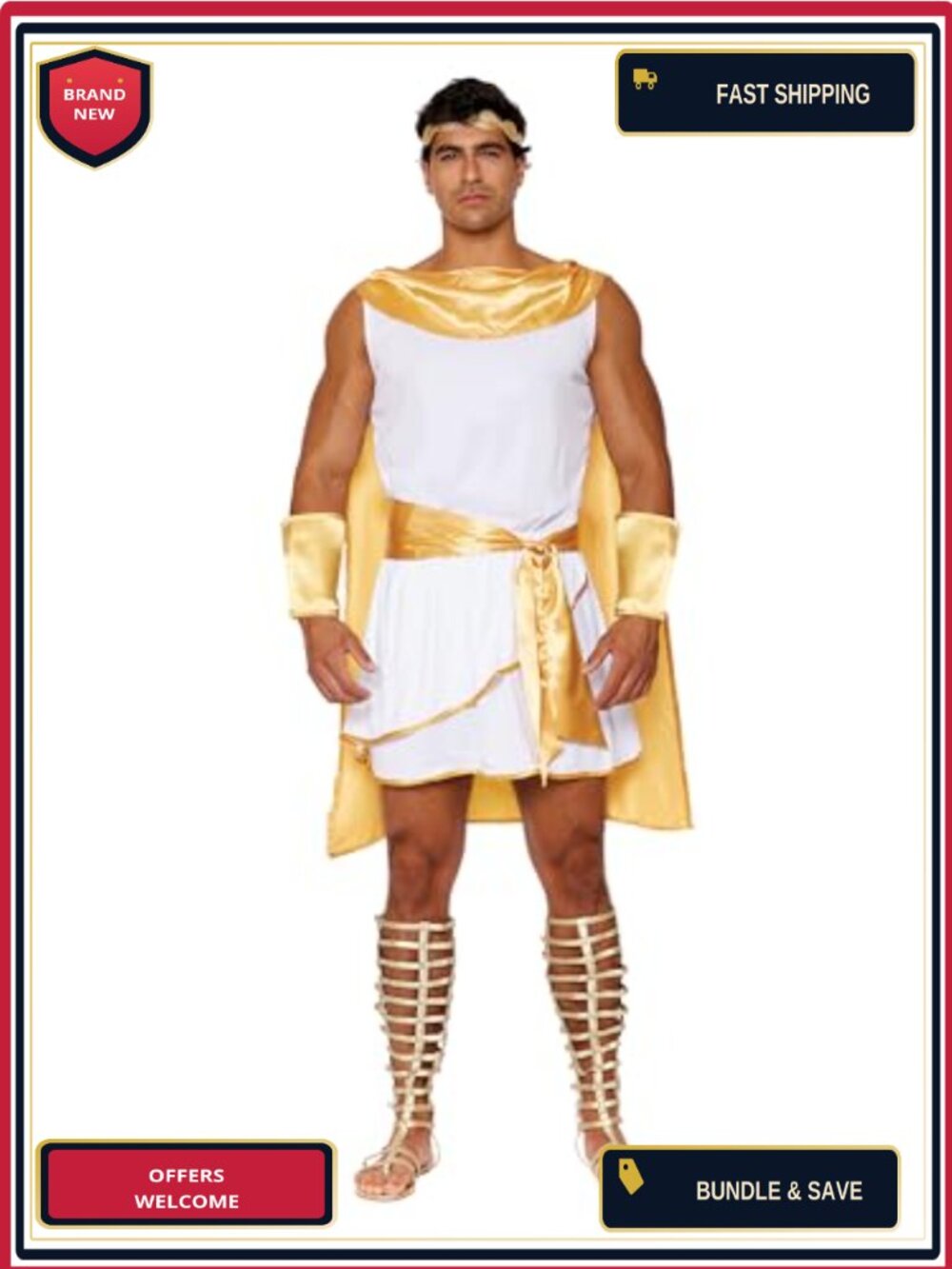 Men's Tunic with Gold Satin Cape 4 Piece God Costume Set